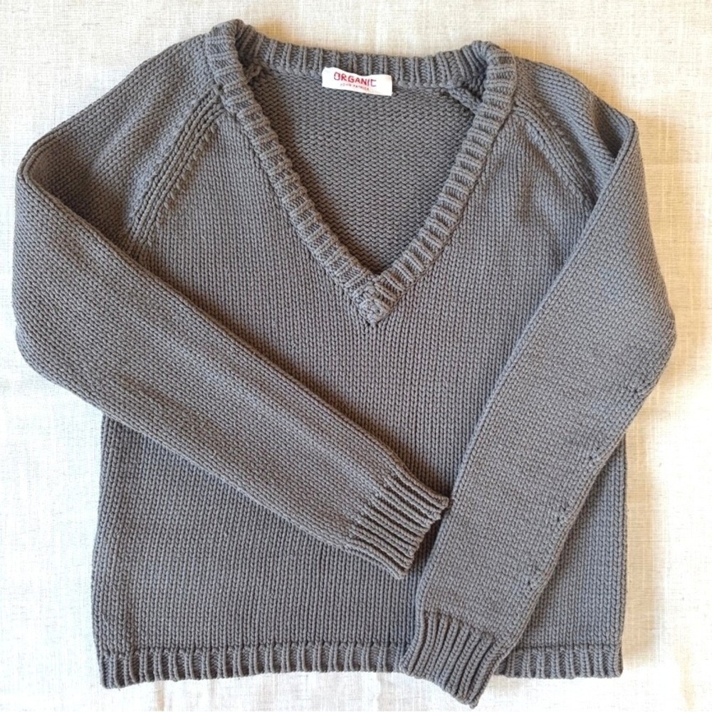 Organic by John Patrick Womens Grey Cotton Blend V-Neck Chunky Knit Sweater S